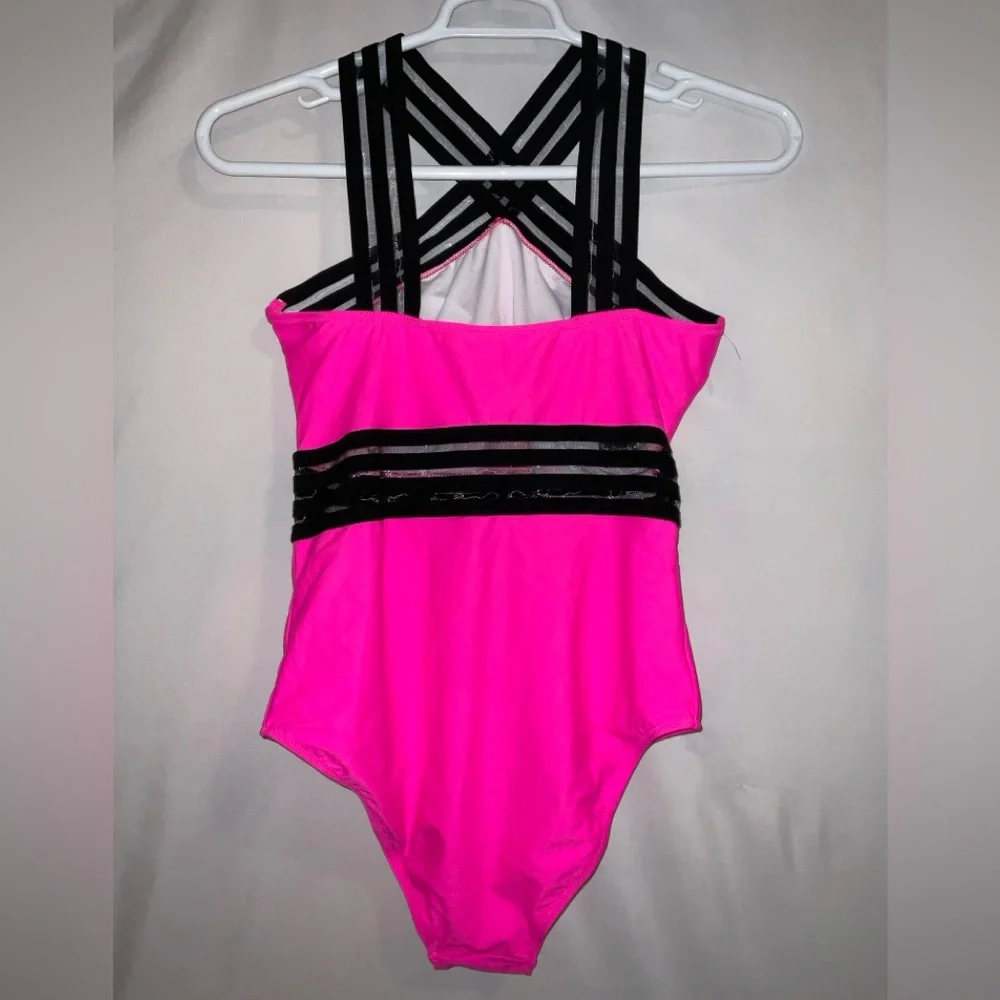 NWT Women’s Tempt‎ Me Neon Pink & Black One Piece Crossover Swimsuit - Large